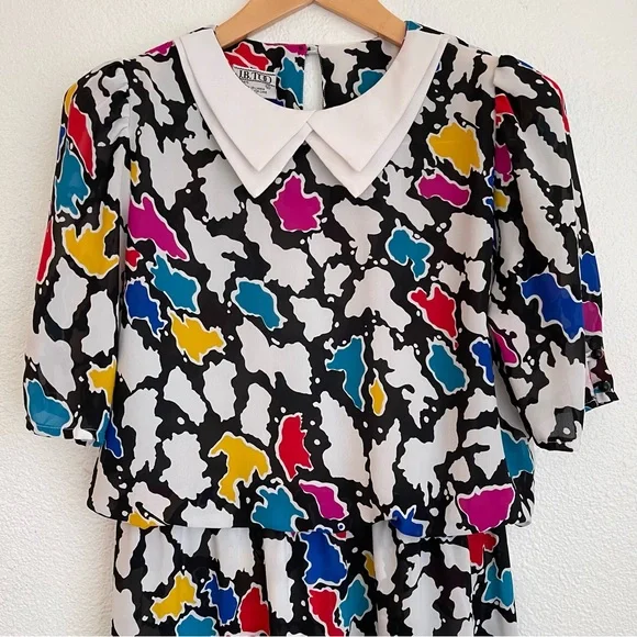 Vintage 1980s J.B. Too Blouson Abstract Print Midi Dress Multicolor Size… - Picture 4 of 15